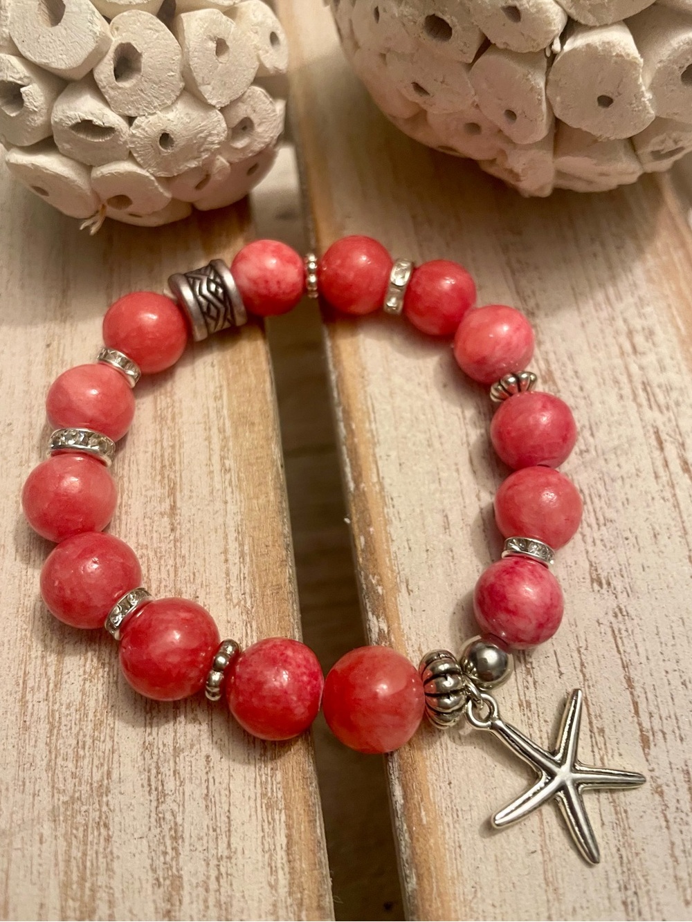 Coral Quartz and Silver Starfish Charmed 10mm silver handmade beaded bracelet